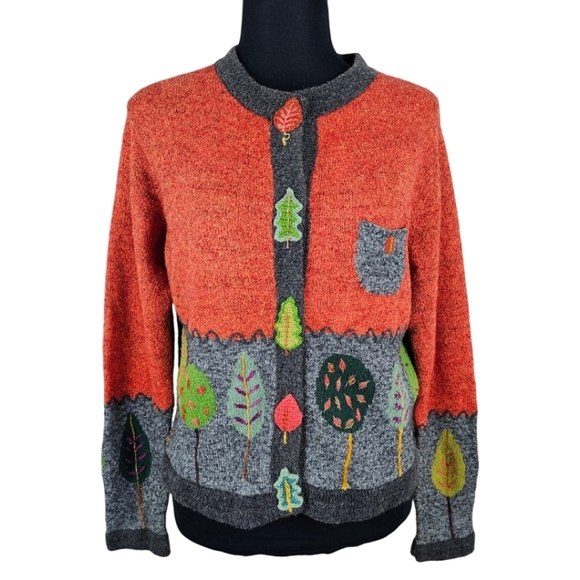 VTG In Stitches Wool Blend Cardigan Sweater Sz Medium Orange Embroidered Whimsy - Picture 2 of 15